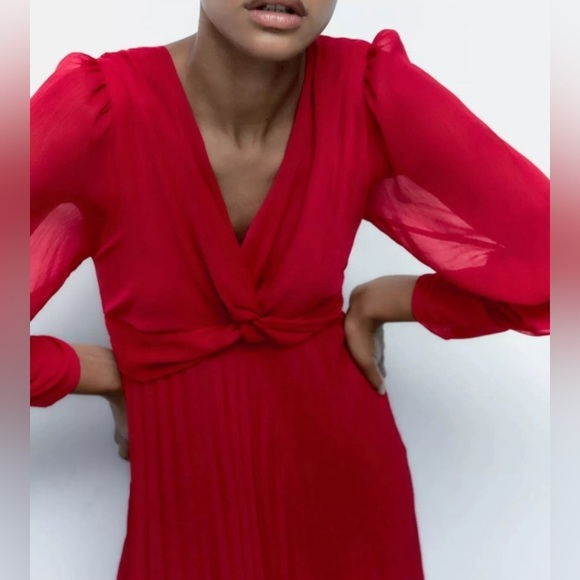 ZARA Pleated Midi Dress Large Fuchsia pink solid long sleeve flowy twist front - Picture 14 of 14